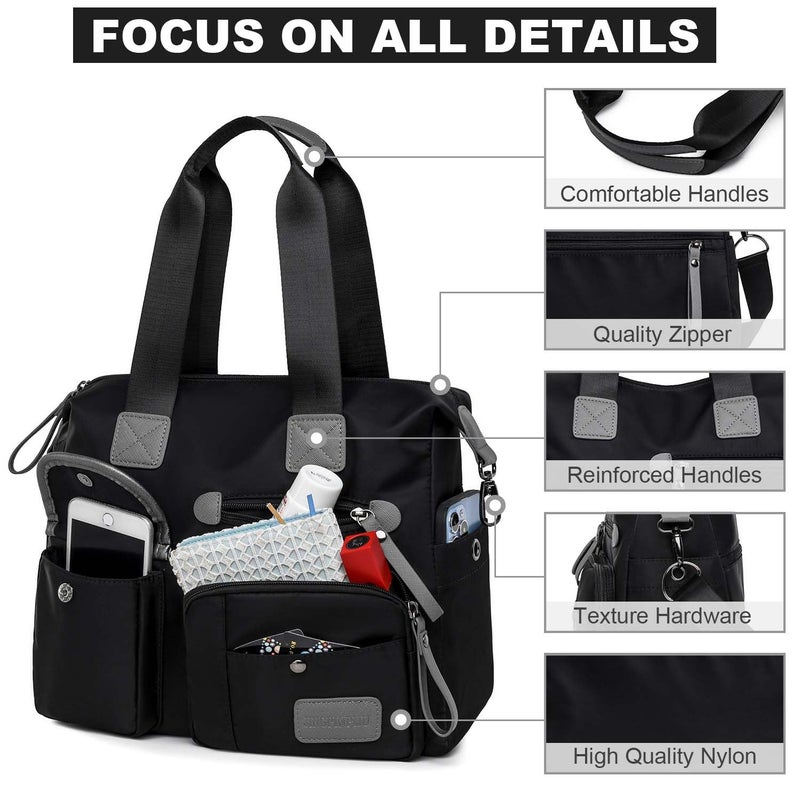 YouNuo Women Floral Star Top Handle Handbag Multi-pockets Nylon Nurses Totes Work Bags Water Resistant Travel Crossbody Shoulder Bag (Black) - Image 3